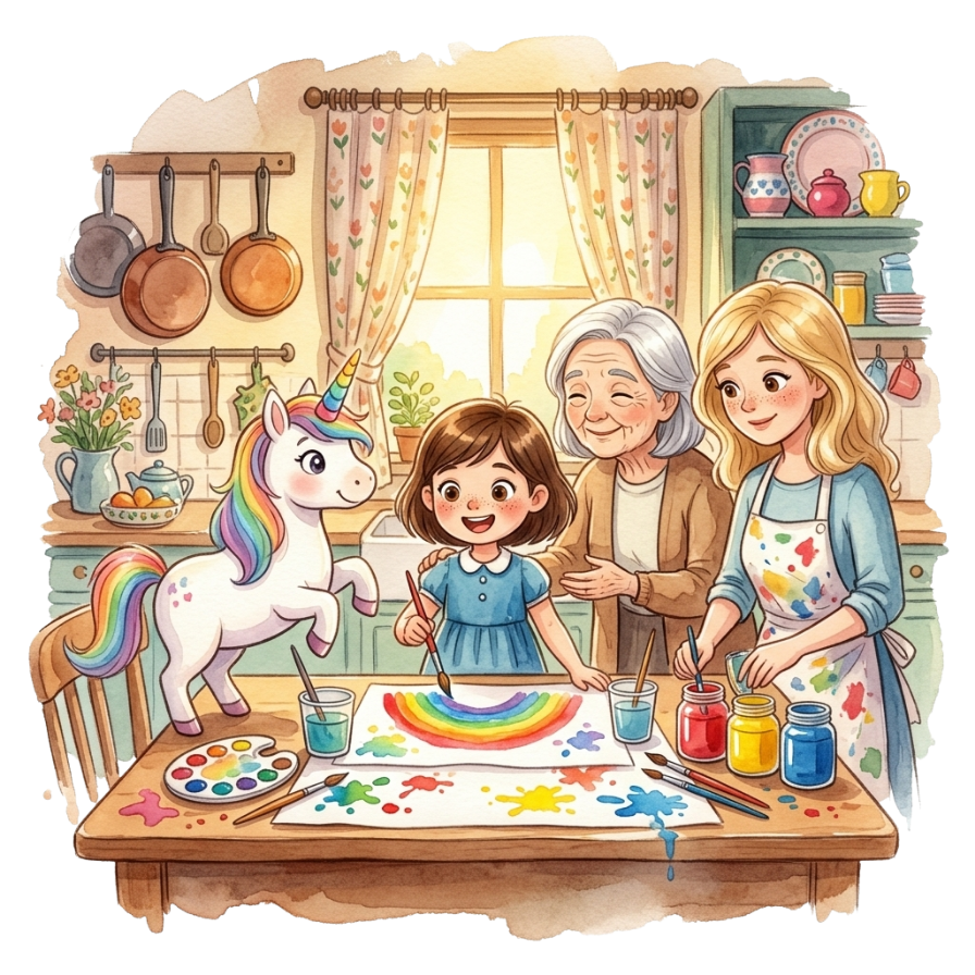 Beispiel einer generierten Buchillustration — Familie auf Abenteuer