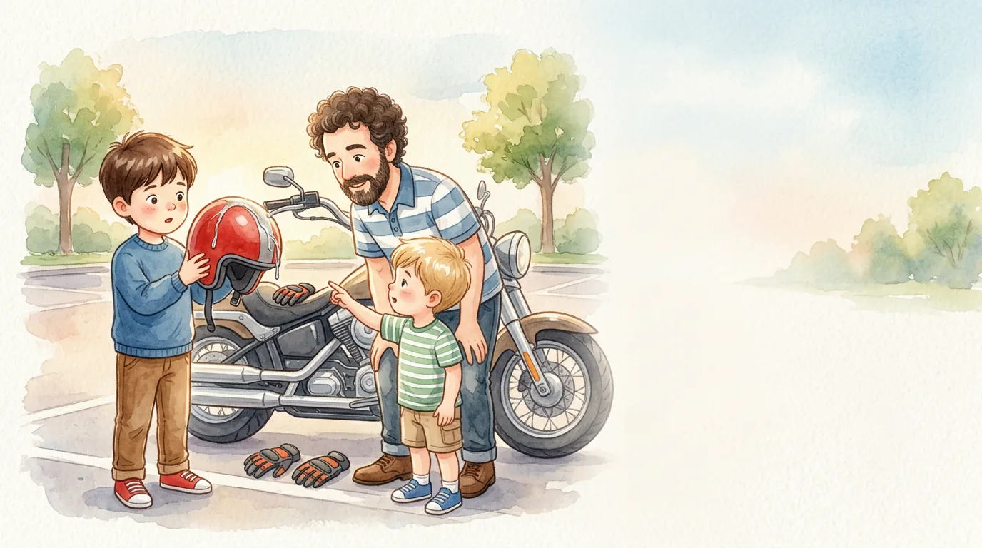 Emil stand am Parkplatz neben Papas Motorrad. Heute wollten er und Georg…