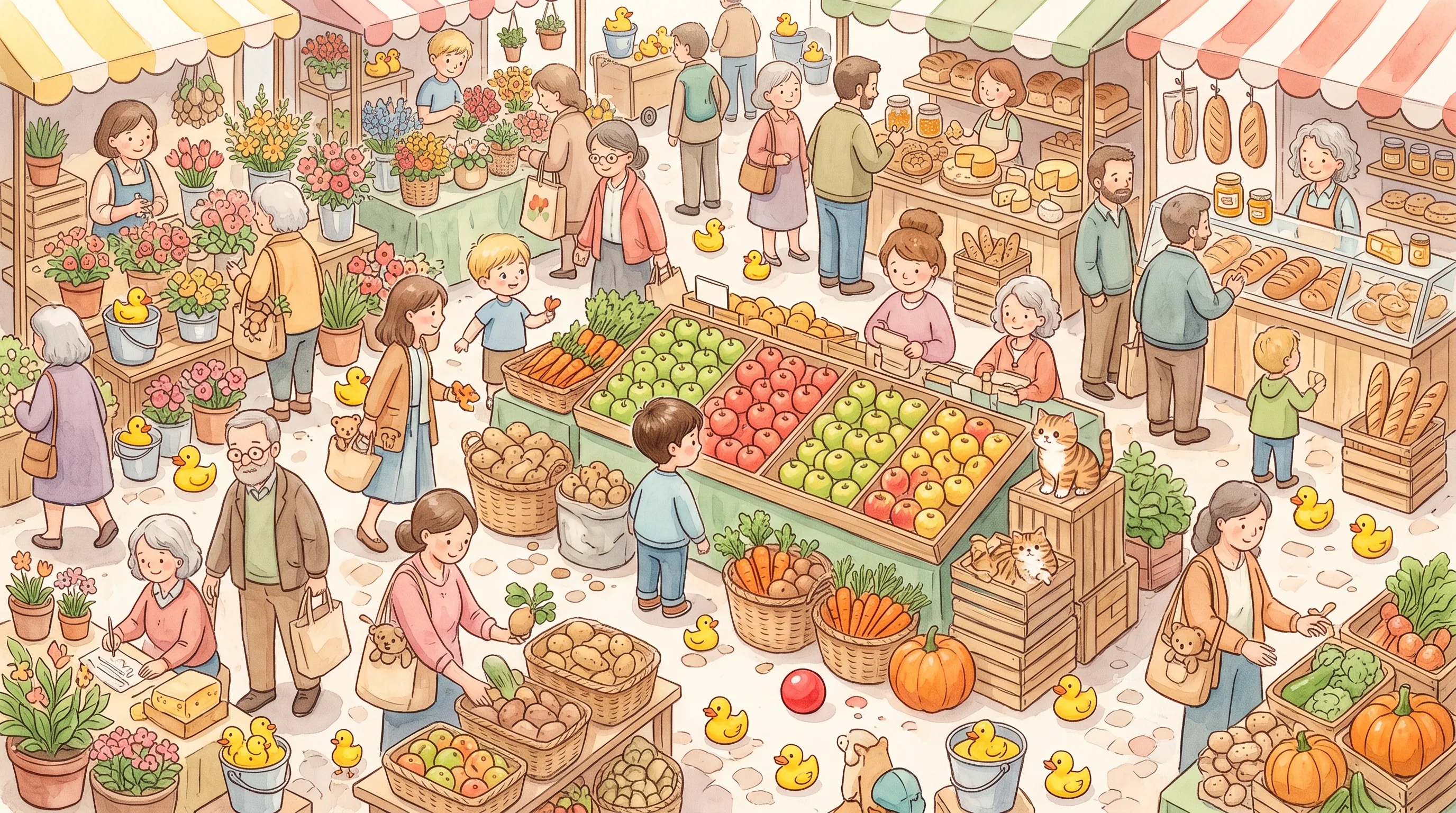 Früh am Morgen beginnt Emilios kunterbunter Markttag. Zwischen bunten Ständen duftet es…