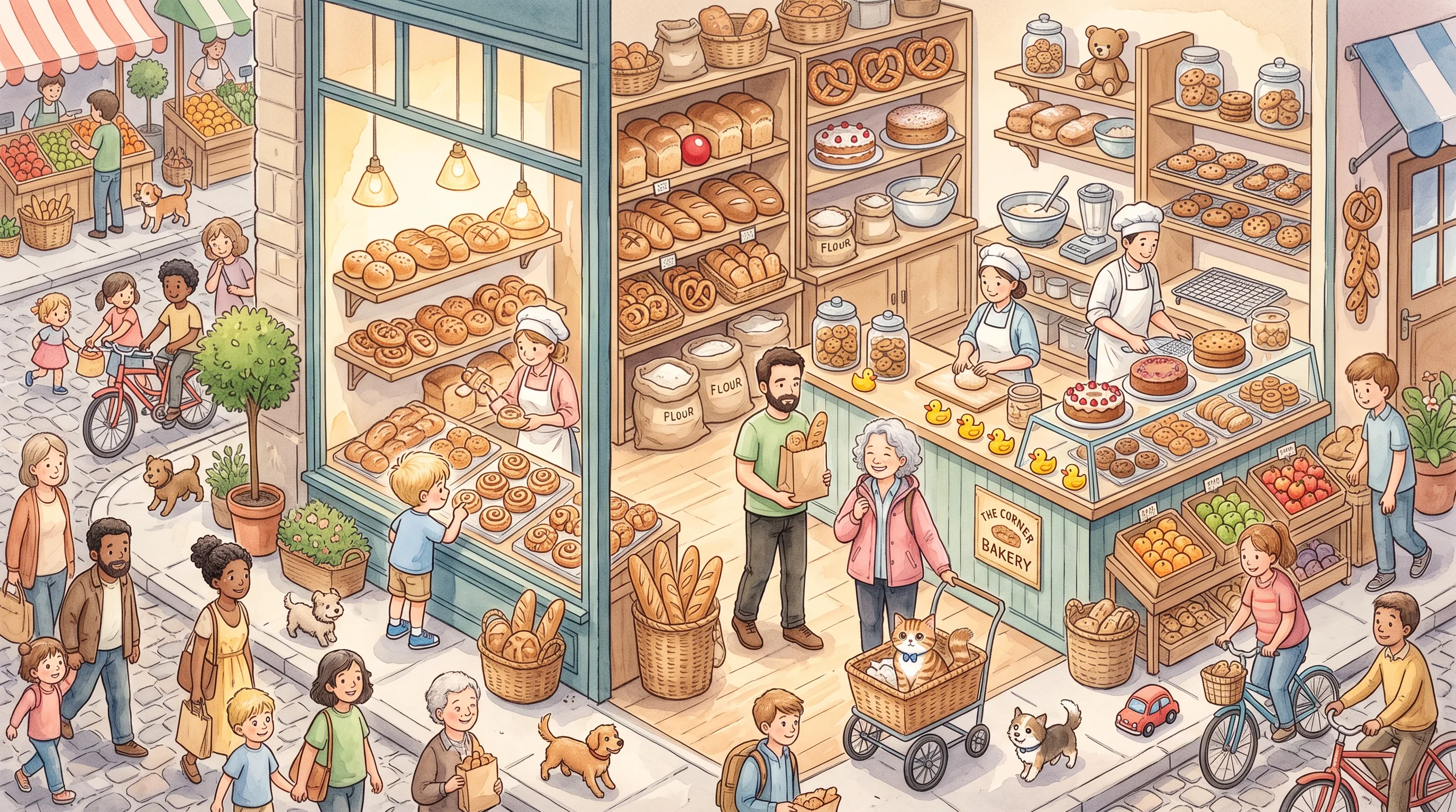 Nach dem Markt spazieren alle zur Bäckerei an der Ecke. Durch die…