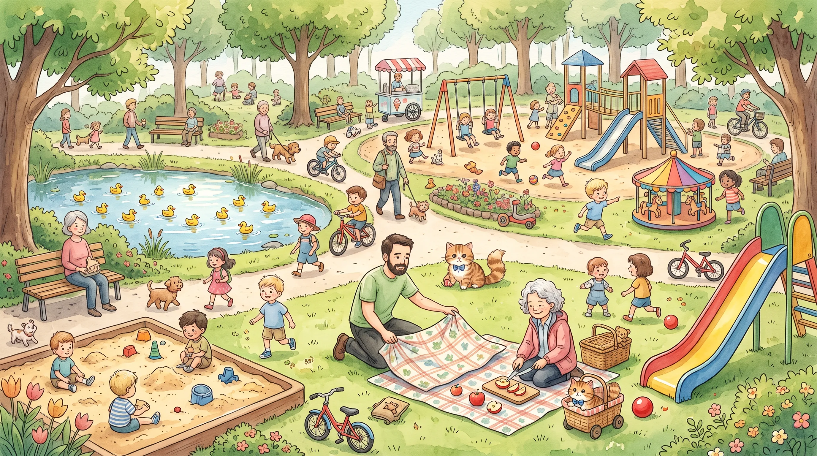 Mit duftender Brottüte geht es weiter in den Stadtpark. Unter hohen Bäumen…