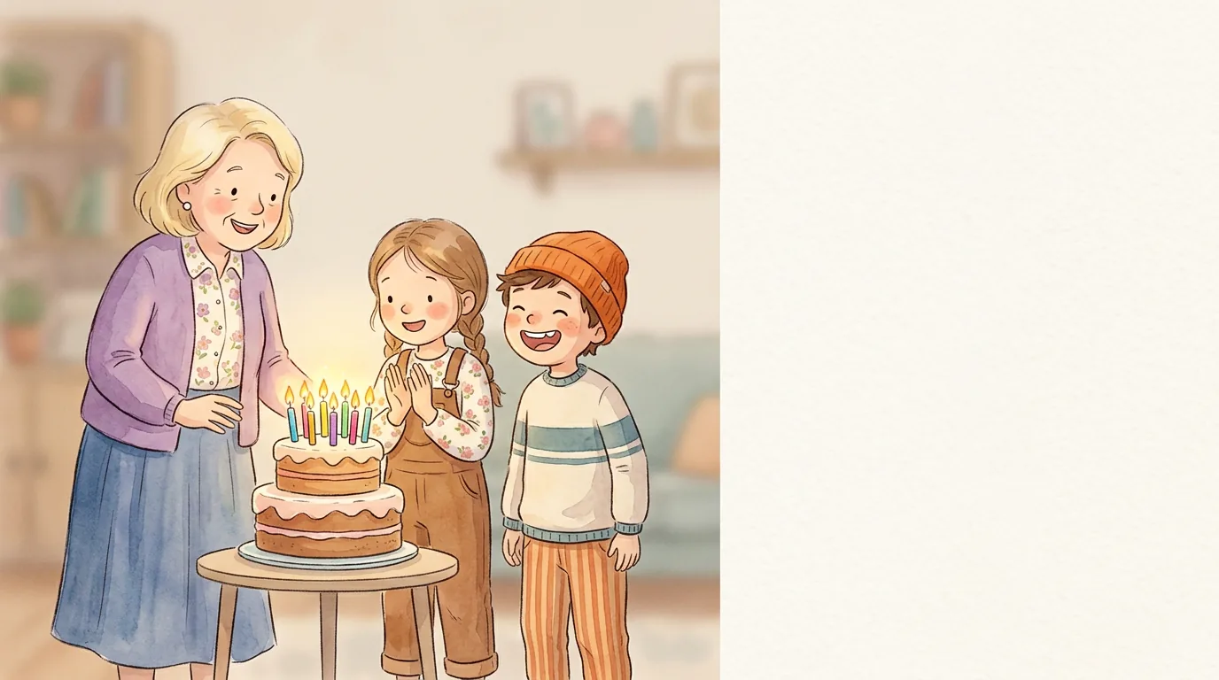 „Überraschung!“, ruft Oma Marie fröhlich. Die Kerzen leuchten bunt auf dem Kuchen.…