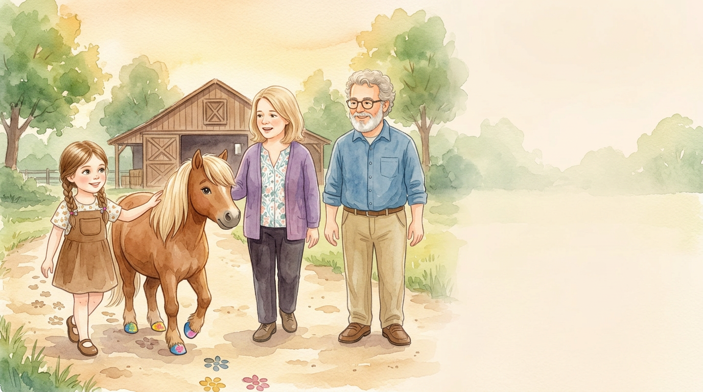 Emma folgt dem bunten Weg. Er führt zurück zum Reitstall. Das Pony…