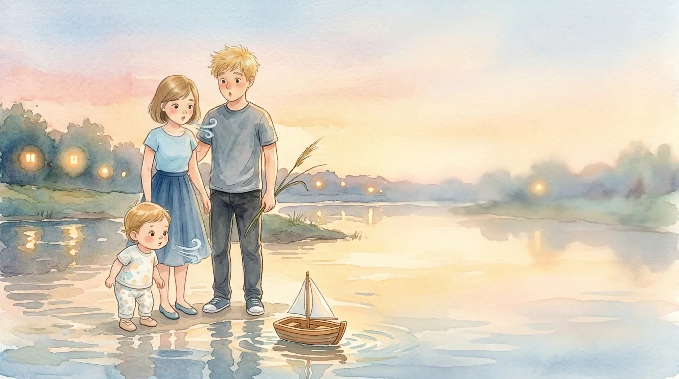 Am Ufer blinken warme Lichter. Das Boot nickt sacht. Emilie und David…