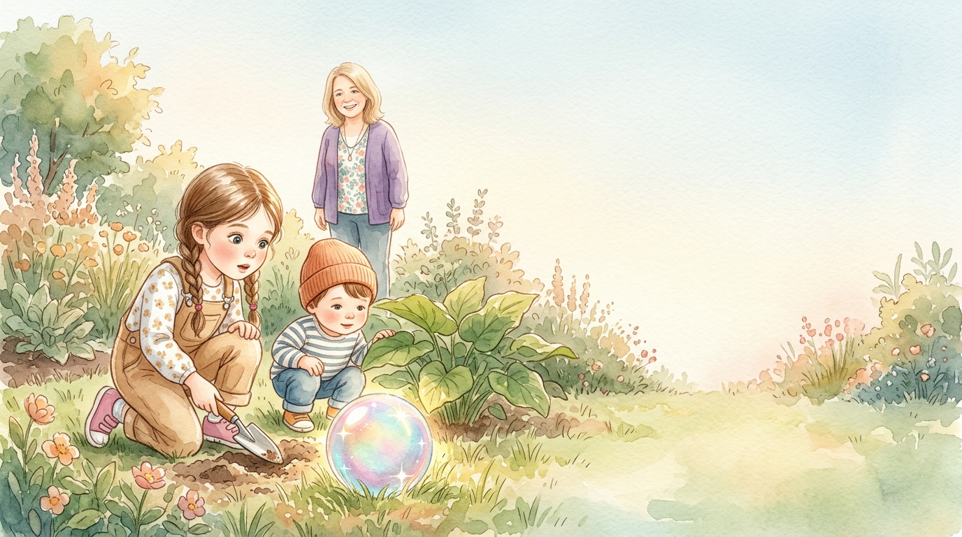 Emma buddelt im Gartenbeet. Luca schaut unter die Blätter. Da glitzert etwas…