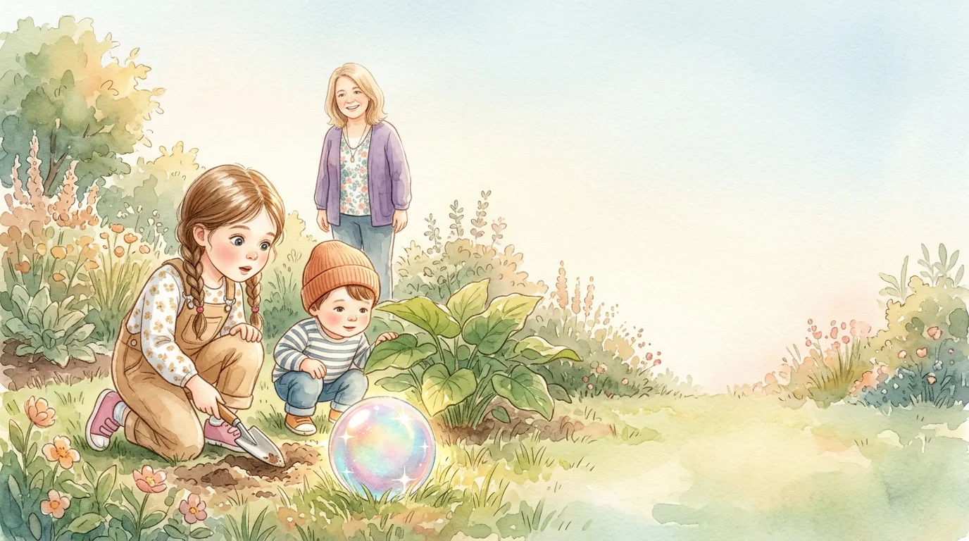 Emma buddelt im Gartenbeet. Luca schaut unter die Blätter. Da glitzert etwas…