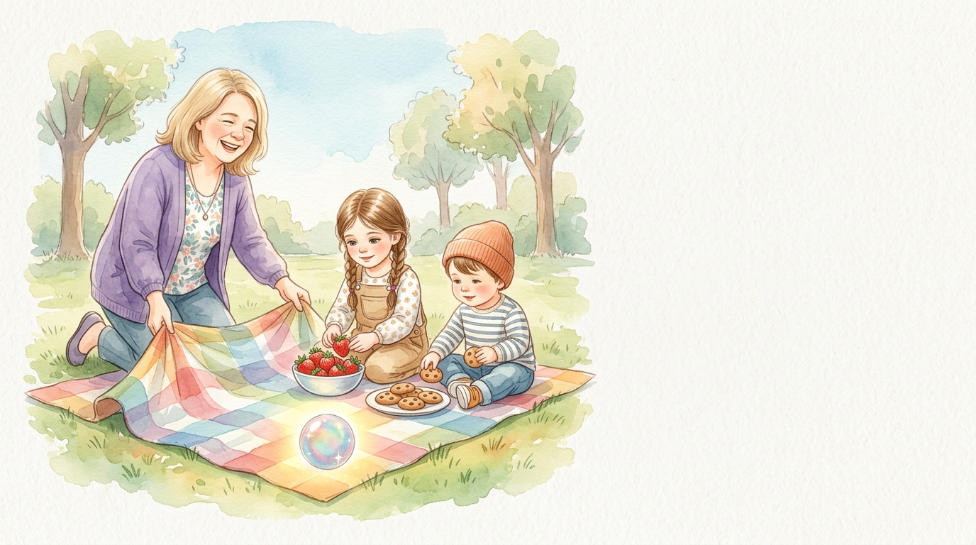 Bei Marie hält die Kugel an. Sie lacht und breitet die Picknickdecke…
