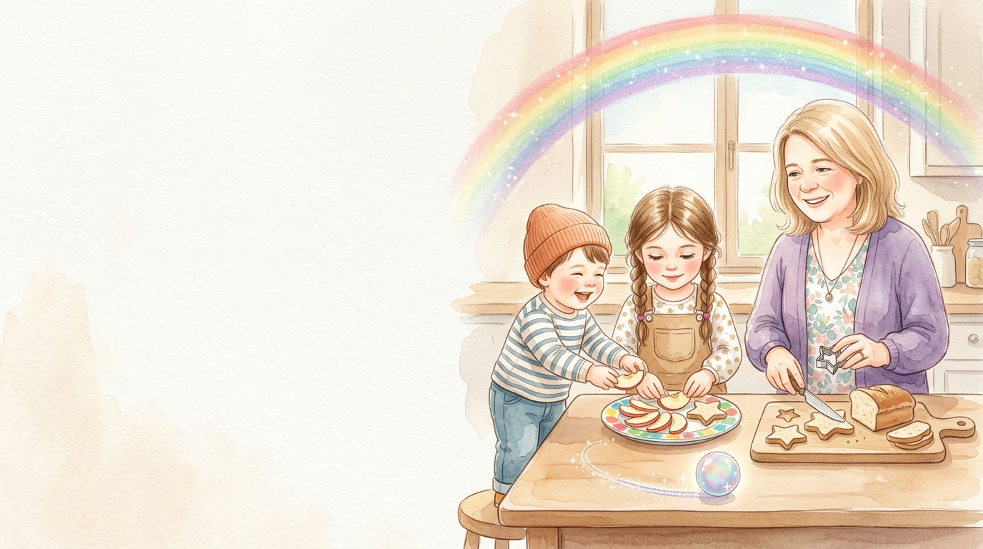 Marie schneidet Brot in kleine Sterne. Emma und Luca legen Apfelscheiben dazu.…