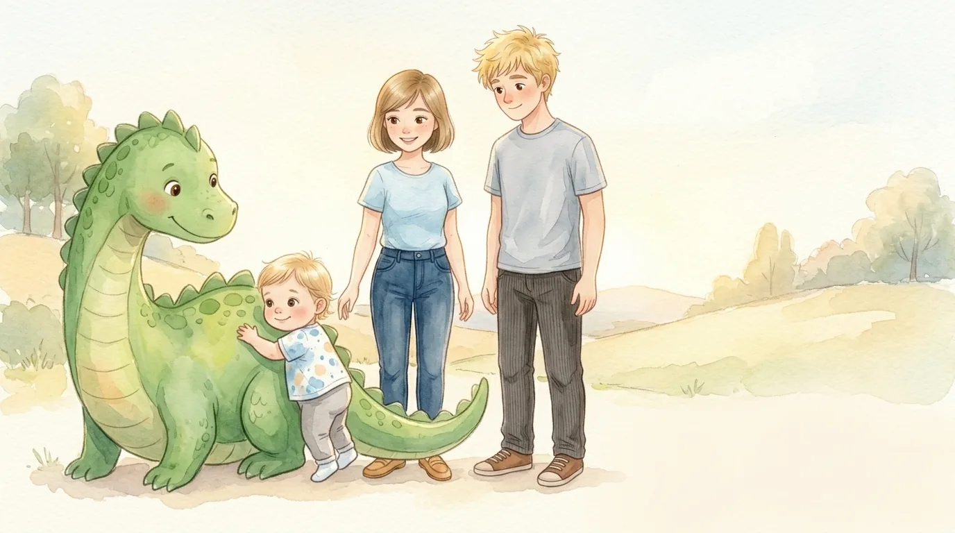 Guten Morgen, kleine Welt. Der freundliche Drache senkt seinen runden, weichen Rücken.…