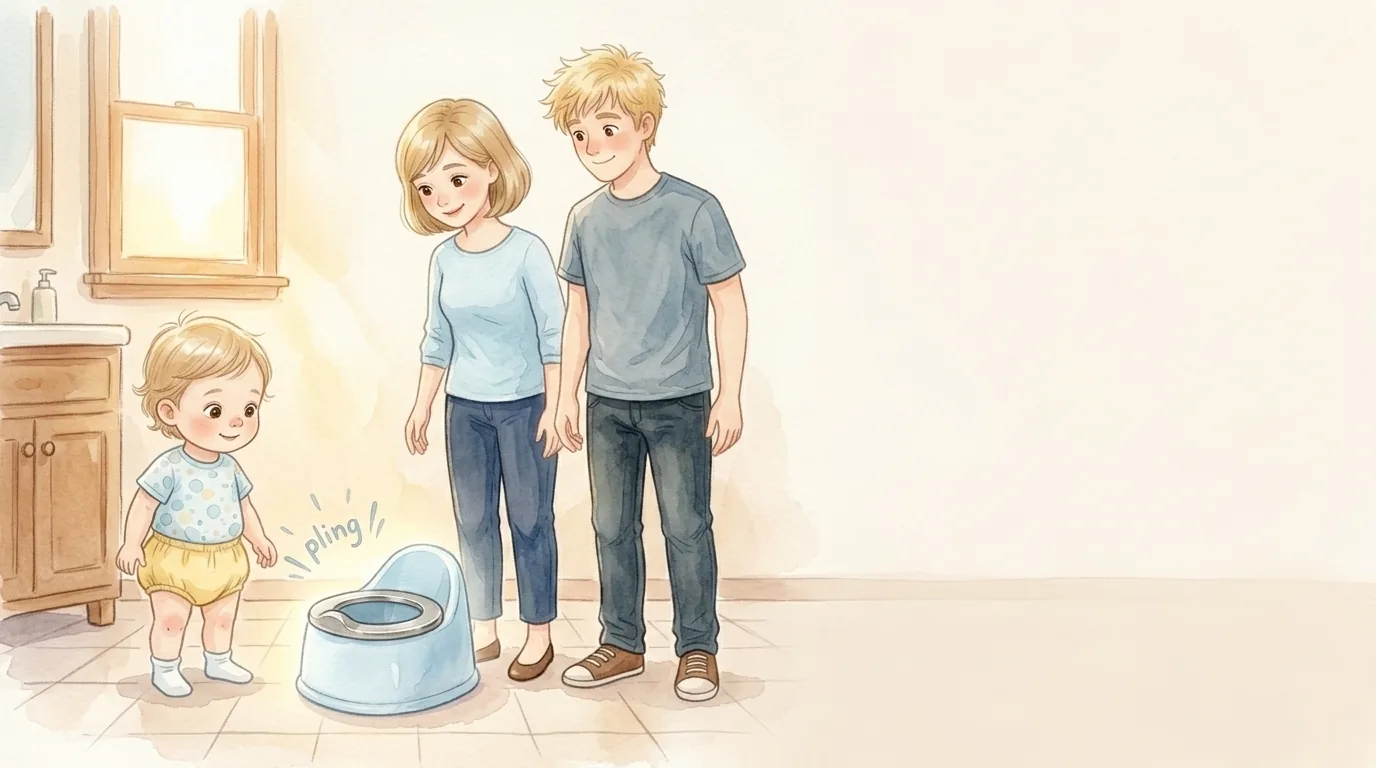 Im Bad steht ein kleines Töpfchen. Es glänzt still. Lily schaut hin.…