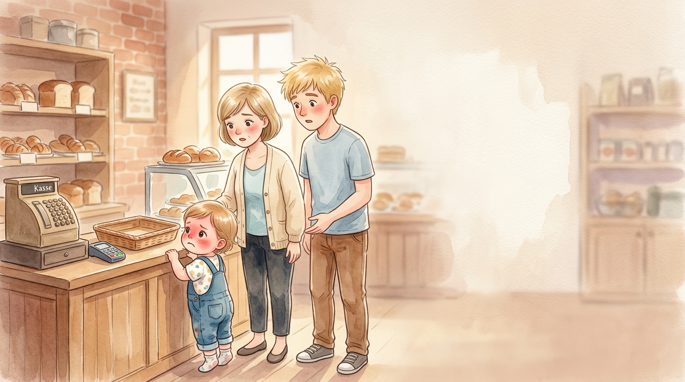 An der Kasse ist der Toast weg. Lily schaut. Lily wartet. Ihr…