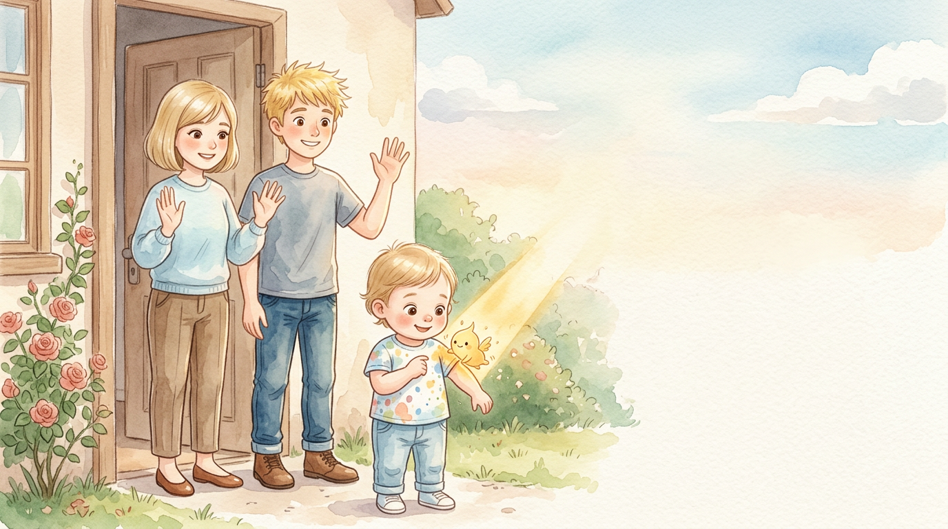 An der Tür winken Emilie und David. Lily schaut. Da landet ein…