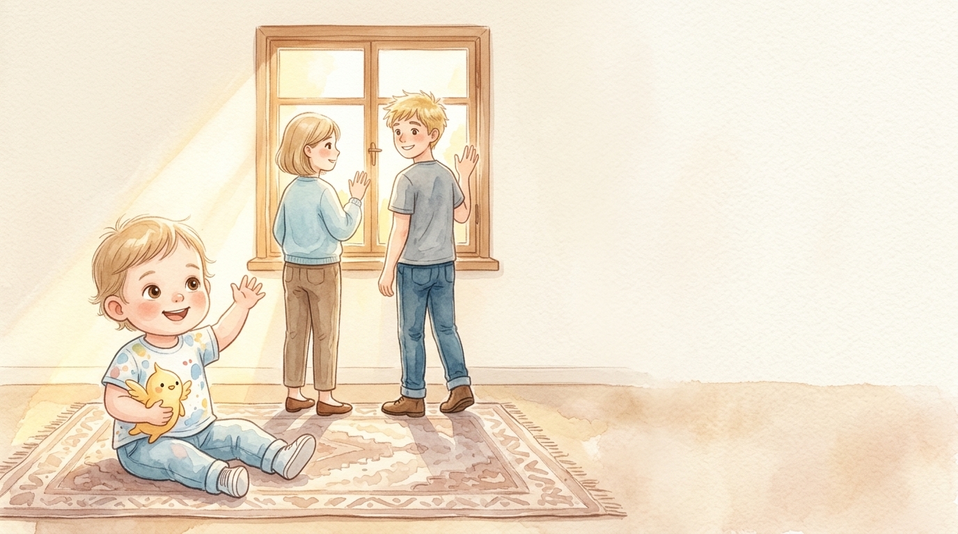 Emilie und David sind kurz draußen. Der Sonnenstrahl bleibt bei Lily. Warm.…