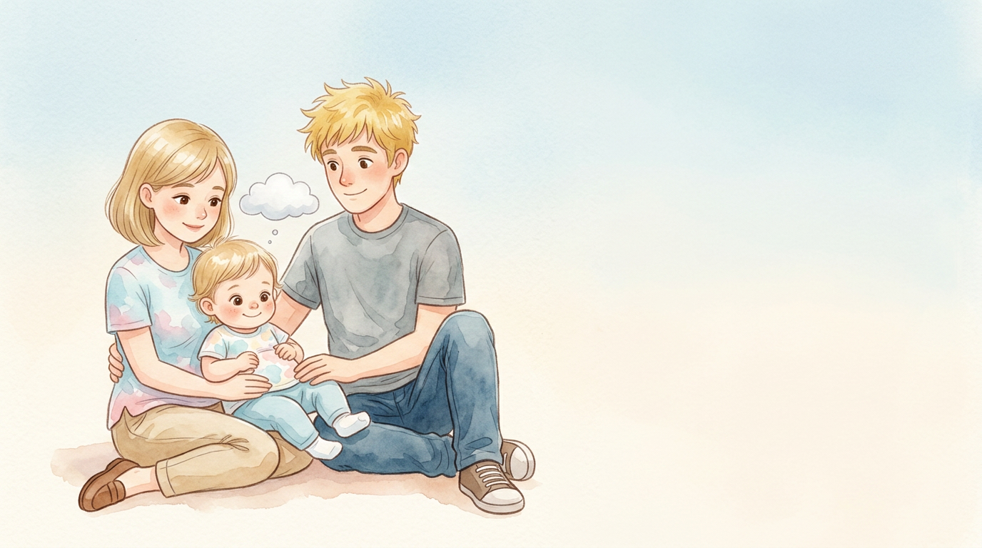 Lily liegt warm bei Emilie und David. Über ihrem Bauch zieht eine…