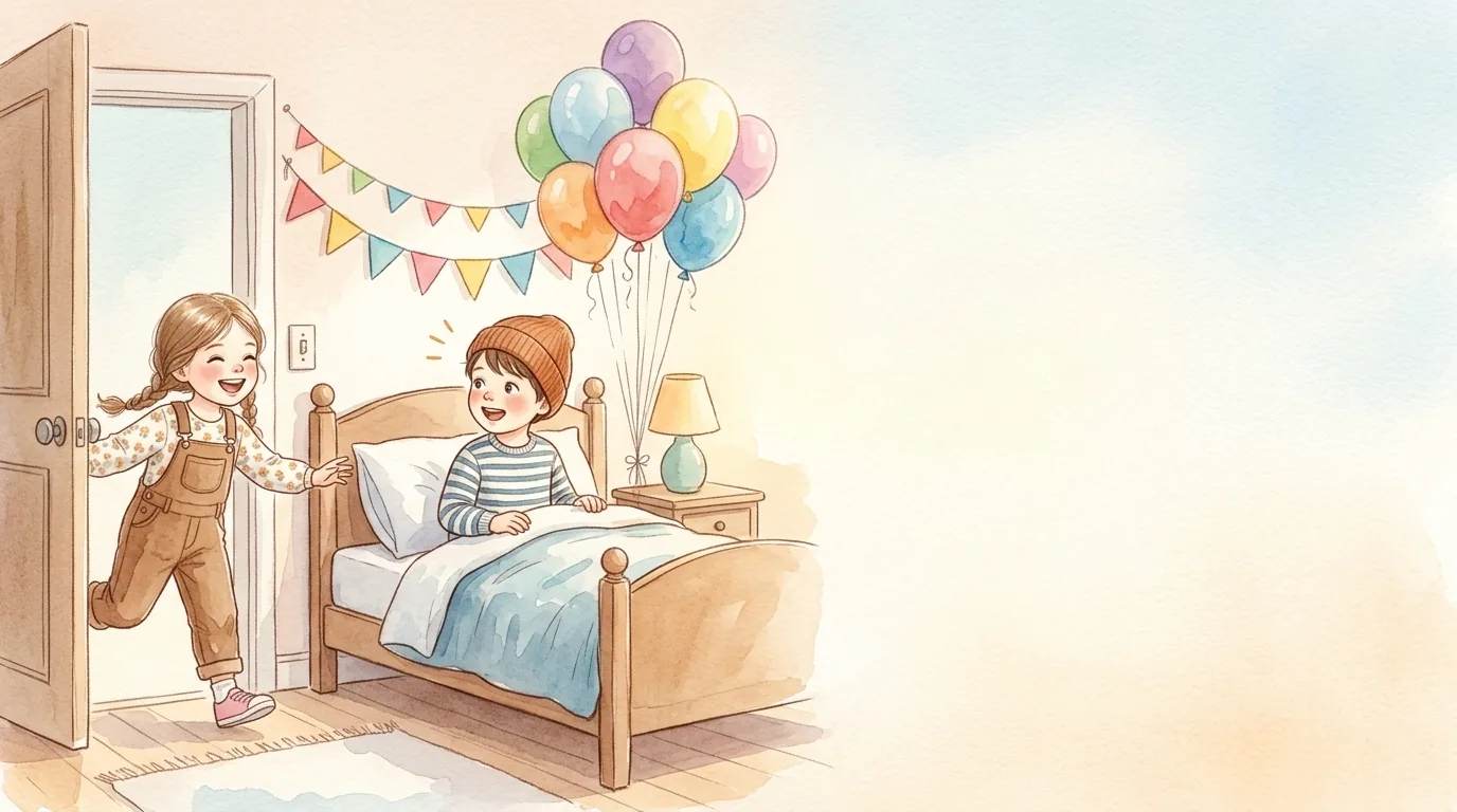 Als Luca die Augen öffnete, schwebten bunte Luftballons über seinem Bett. Zwischen…