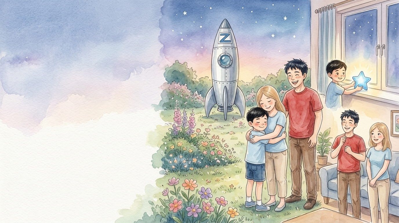 Mit einem leisen Rumpeln landete die Rakete wieder im Garten. Die Blumen…