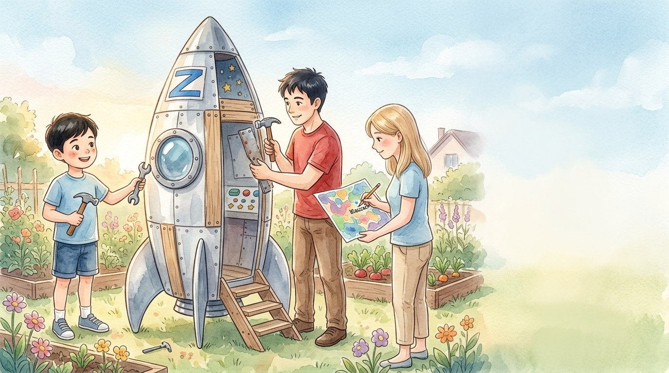 Noch am selben Nachmittag begann der Raketenbau im Garten. Roland schleppte Bretter,…