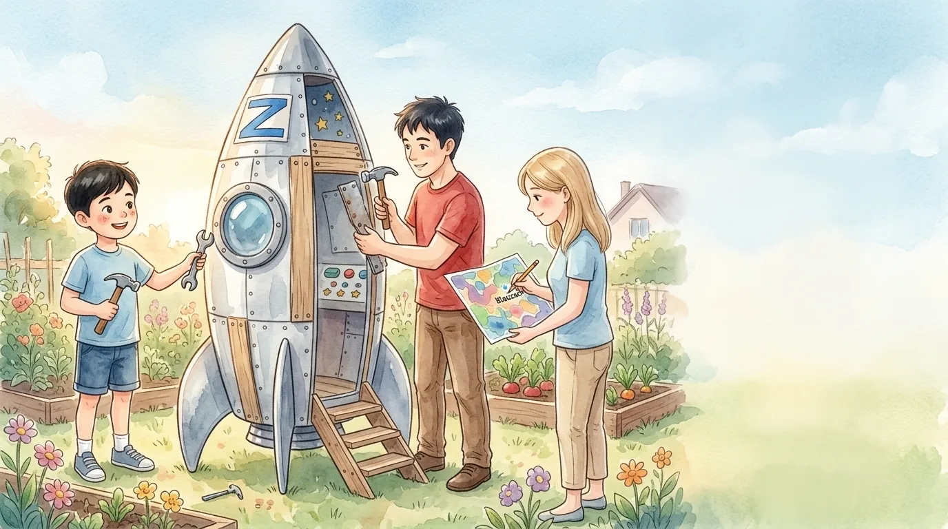 Noch am selben Nachmittag begann der Raketenbau im Garten. Roland schleppte Bretter,…