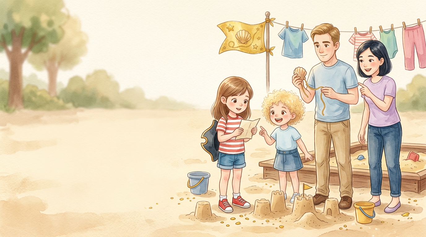Auf der Sandkasteninsel blieb Mia stehen und schaute genau hin. Zwischen den…