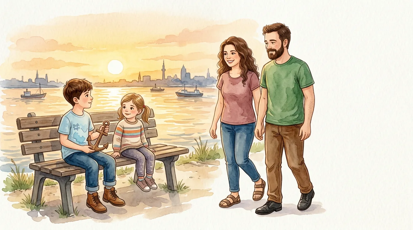Als die Sonne tiefer sank, färbte sie das Wasser goldorange. Fatima und…